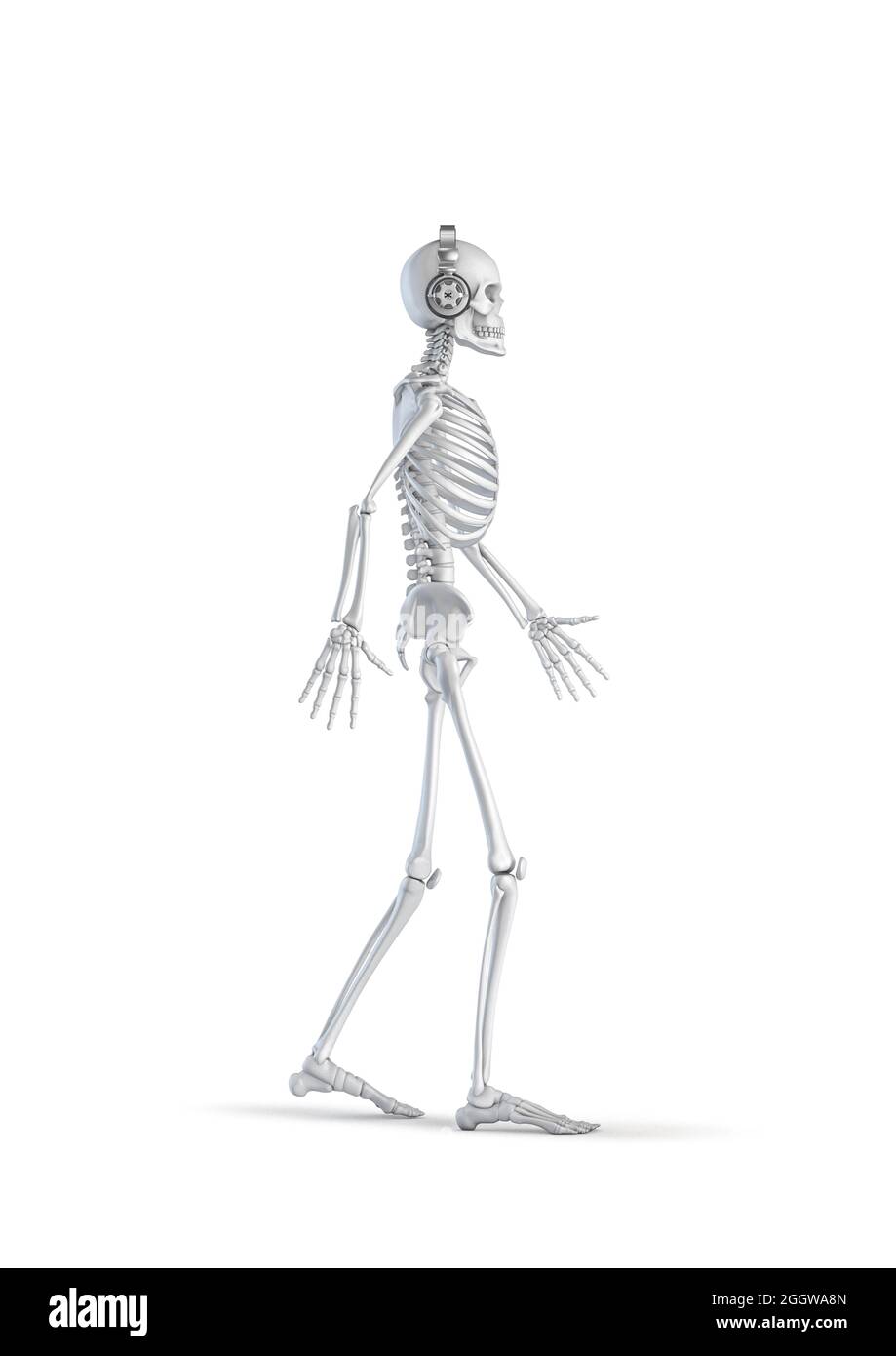 Squelette de casque - illustration 3D du squelette humain masculin marchant et portant un casque stéréo isolé sur fond blanc de studio Banque D'Images