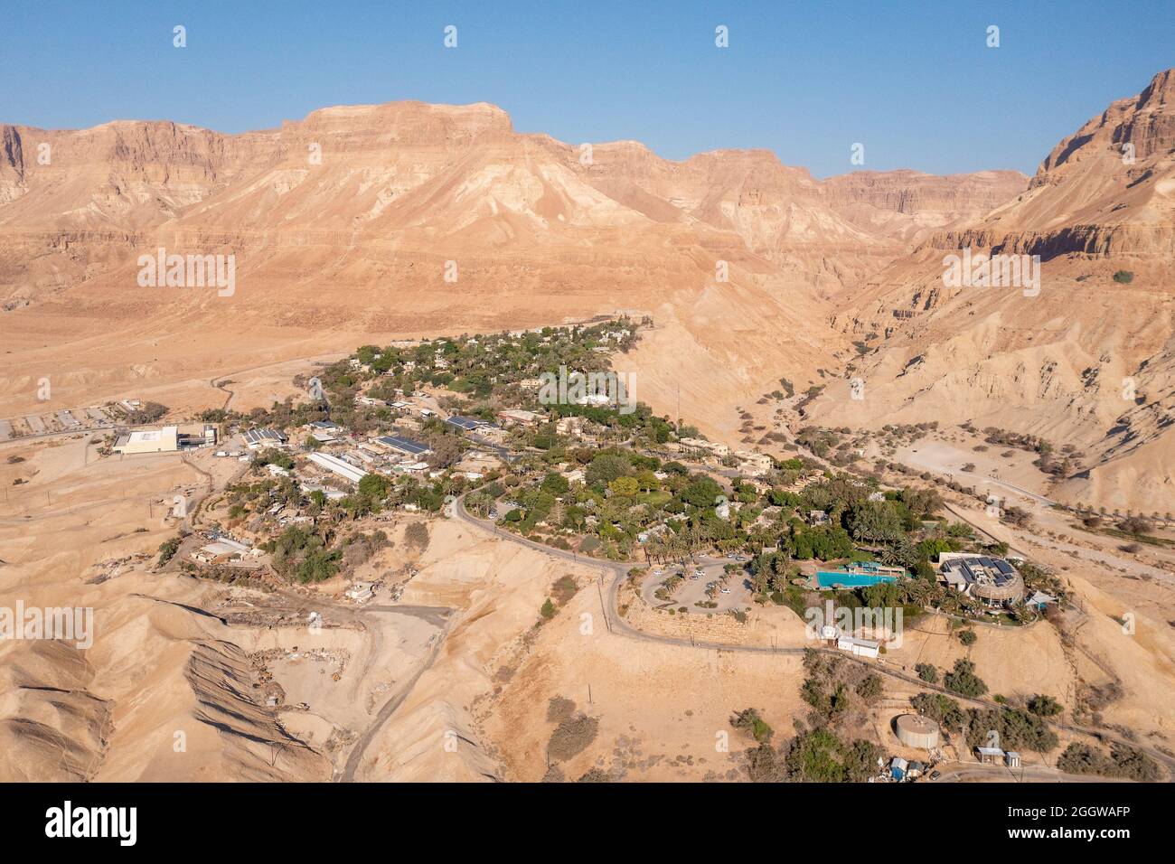 Vue aérienne de l'oasis et de la réserve naturelle de Kibbutz Ein Gedi. Banque D'Images