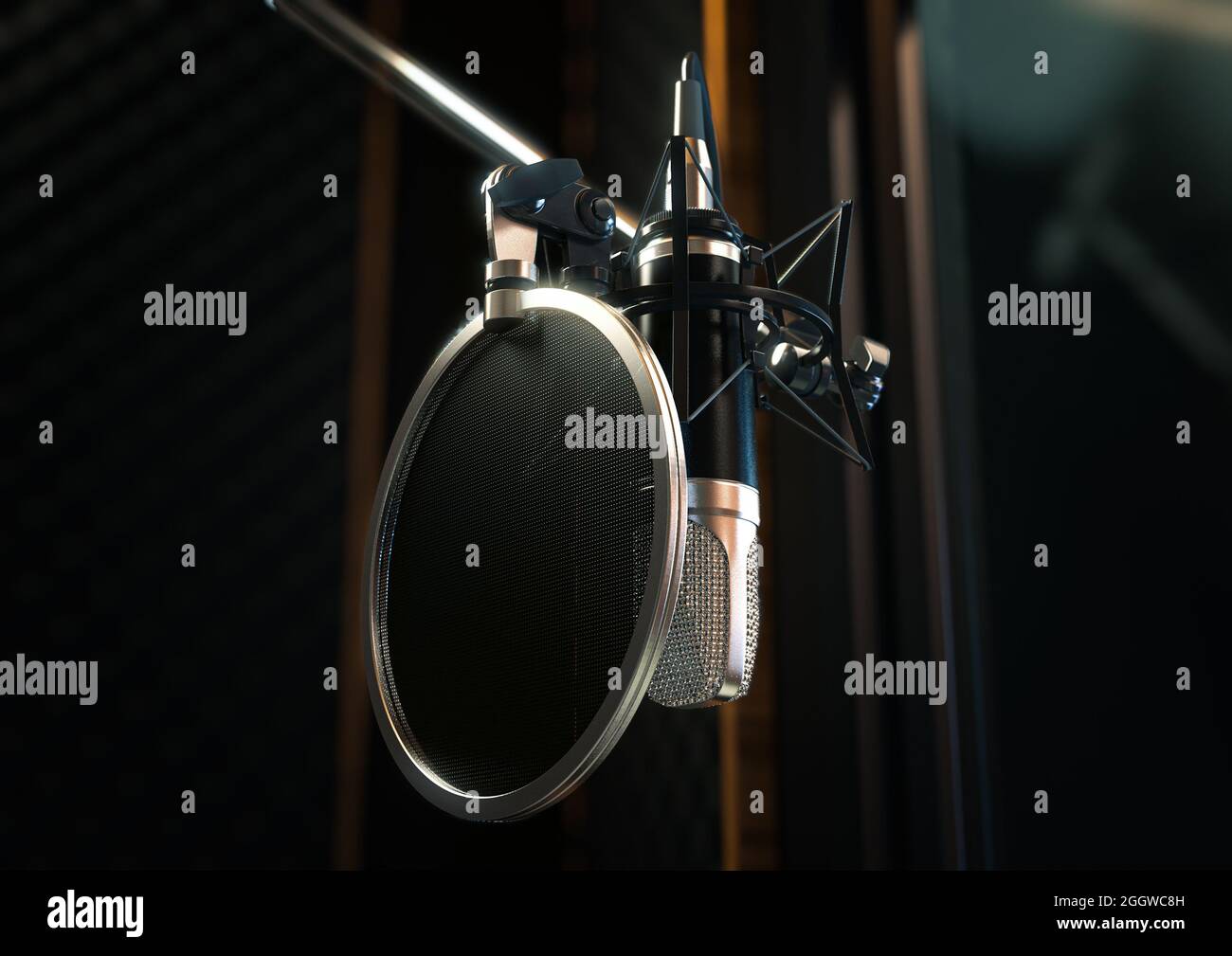 Un microphone à condensateur faiblement éclairé dans un studio de son en bois avec des murs insonorisés - rendu 3D Banque D'Images