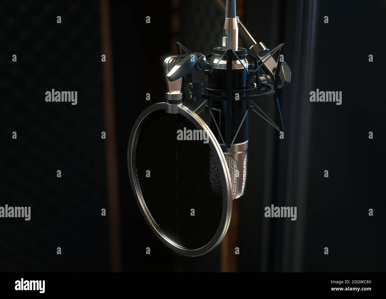 Un microphone à condensateur faiblement éclairé dans un studio de son en bois avec des murs insonorisés - rendu 3D Banque D'Images