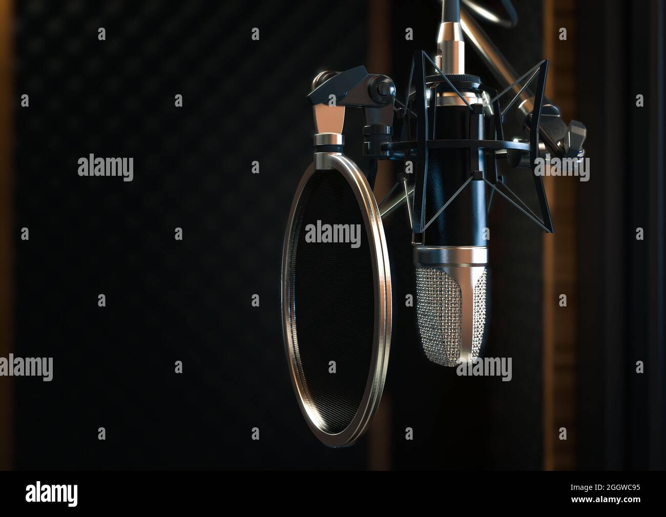 Un microphone à condensateur faiblement éclairé dans un studio de son en bois avec des murs insonorisés - rendu 3D Banque D'Images