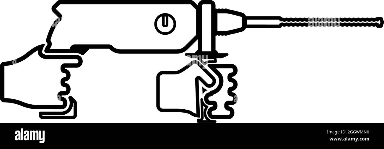 Perceuse à percussion rotative électrique dans l'outil de maintien à main utilisation du bras avec l'outil Power contour icône couleur noire vecteur illustration plat style simple Illustration de Vecteur