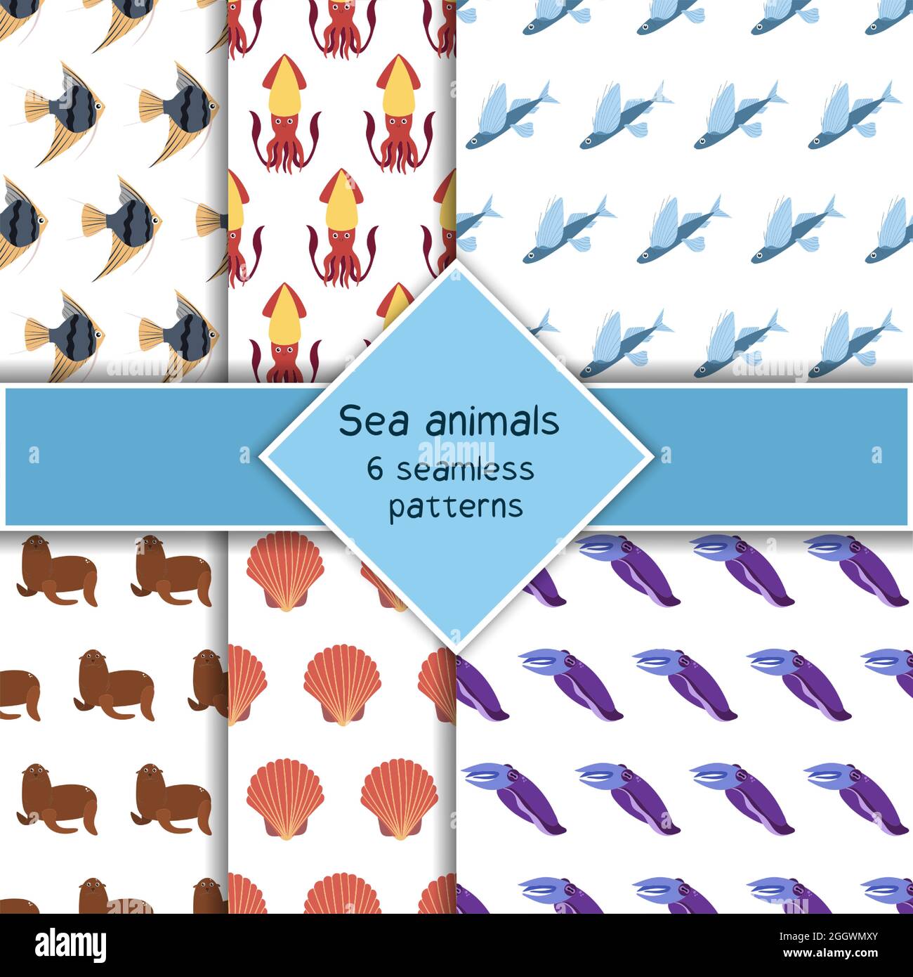 Ensemble composé de six animaux marins sans coutures, de calmars et de seiches, de phoques à fourrure et d'angéloses. Imprimé habitants du monde sous-marin. Collection de vie sous-marine dessinées à la main. Drôle de personnage de dessin animé d'animaux marins Illustration de Vecteur