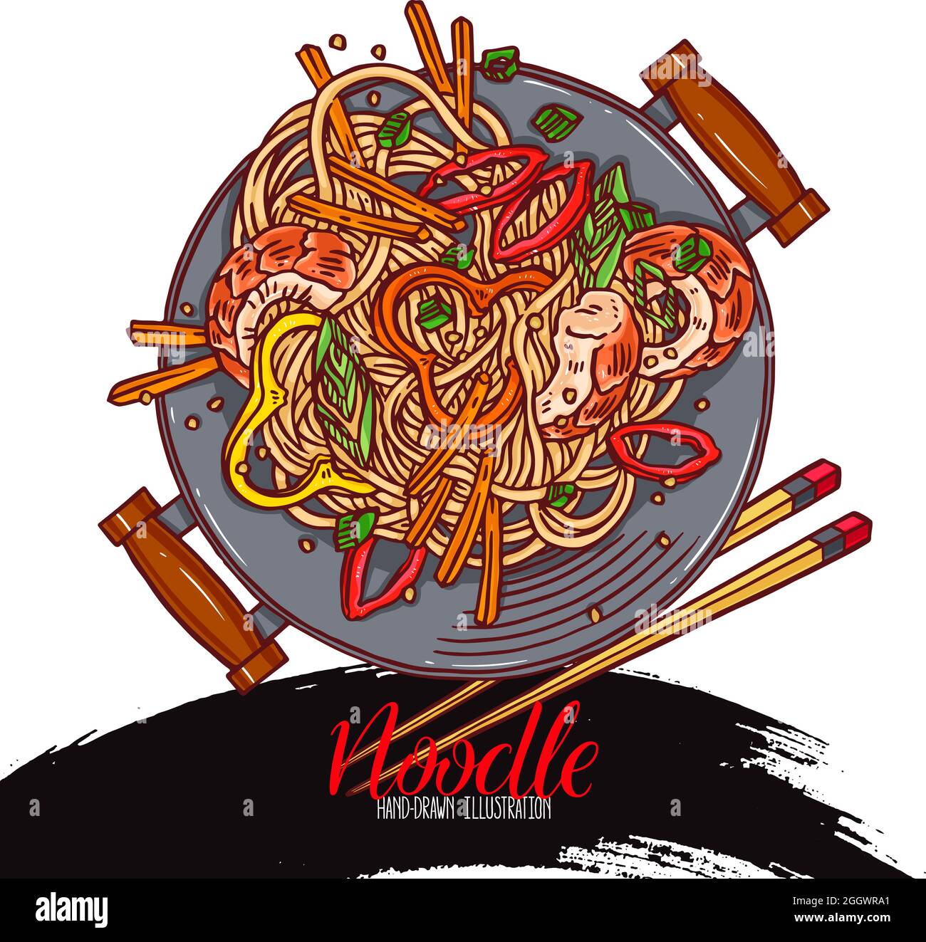Cuisine asiatique. Poêle à wok. Nouilles chinoises aux crevettes, au poivre et à l'oignon. Illustration faite à la main Illustration de Vecteur