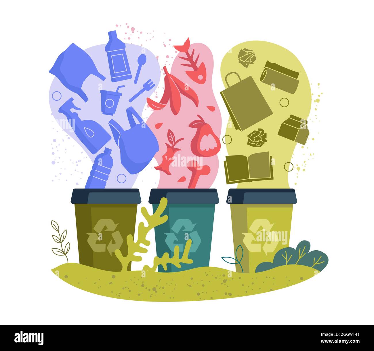 Concept de tri des déchets et de gestion de l'utilisation des déchets.Papier, plastique et déchets organiques dans des bacs colorés pour le recyclage.Poubelles.Enregistrer l'environnement et l'écologie eps illustration Illustration de Vecteur