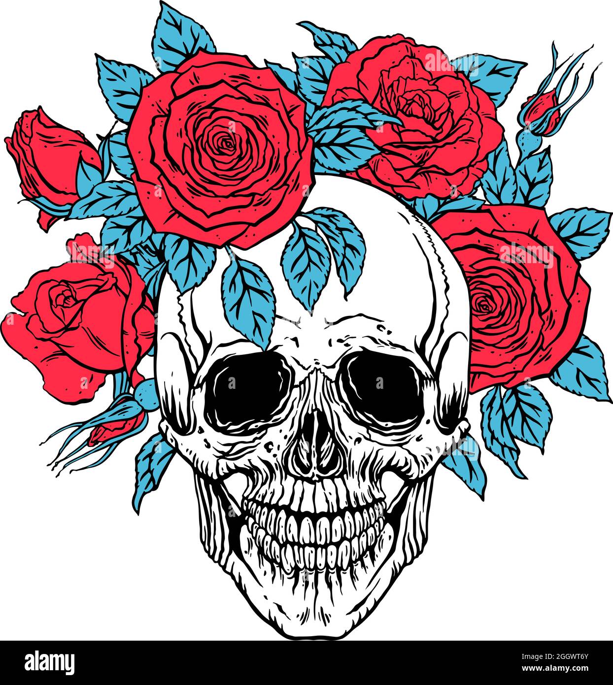 illustration dessinée à la main de l'anatomie du crâne humain avec une mâchoire inférieure et une couronne de roses Illustration de Vecteur
