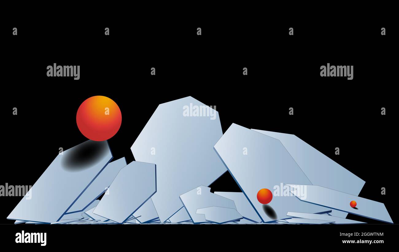 Arrière-plan polygonal 3D élégant et moderne d'hexagones avec une surface métallique et des boules volumétriques orange. Plan de lumière dans les hexagones. Compo multicouches Banque D'Images