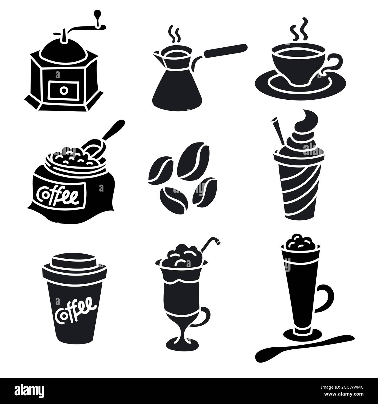 Illustration du jeu d'icônes de boissons à café noir et blanc Illustration de Vecteur