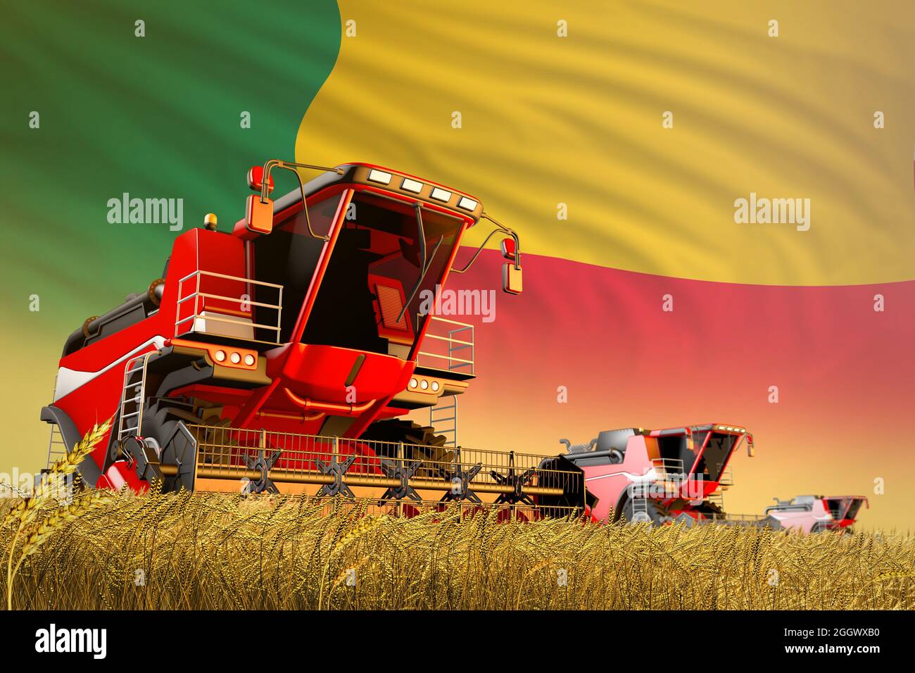 Moissonneuse-batteuse agricole travaillant sur champ de céréales avec fond de drapeau Bénin, concept de production alimentaire - illustration 3D industrielle Banque D'Images Moissonneuse-batteuse agricole travaillant sur champ de céréales avec fond de drapeau Bénin, concept de production alimentaire - illustration 3D industrielle Banque D'Images