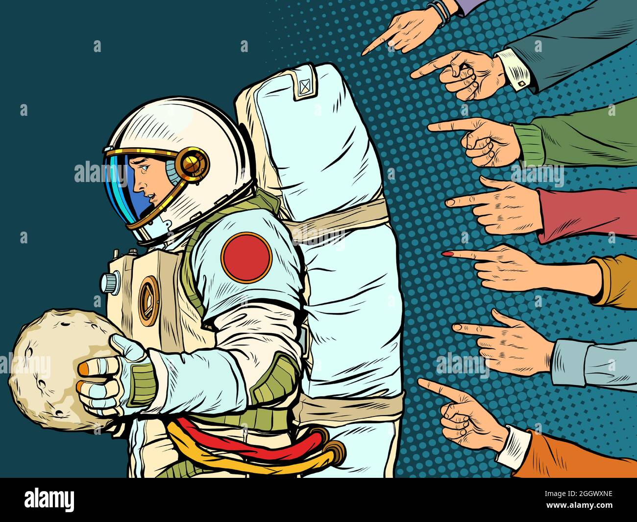 Un astronaute coupable avec une planète entre ses mains. Tout le monde critique le cosmonaute Illustration de Vecteur