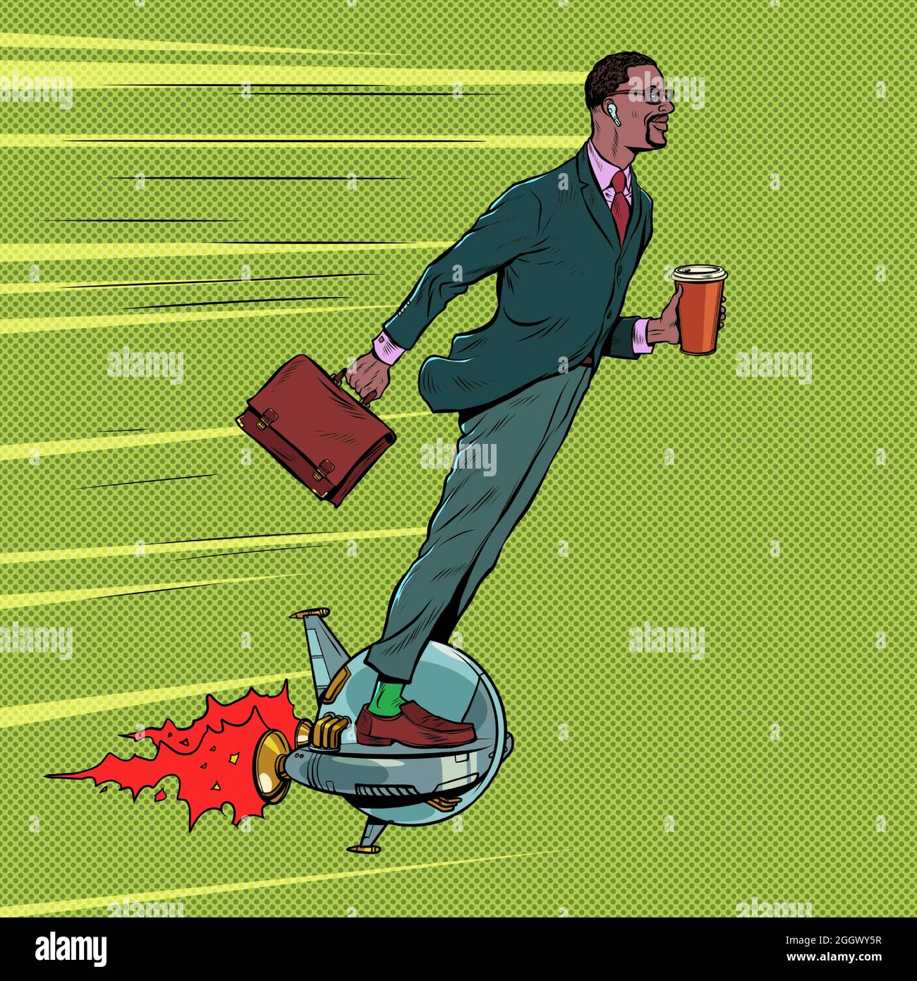 Un homme d'affaires noir futuriste se promoit dans un monocycle électrique, un homme boit le café du matin Illustration de Vecteur