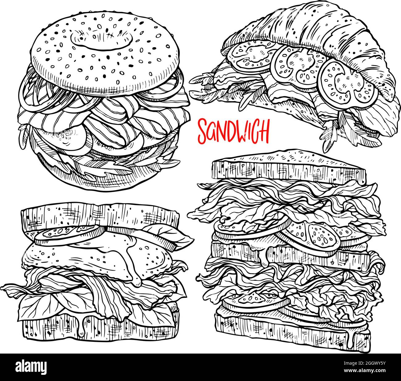ensemble de différents sandwichs appétissants. Illustration dessinée à la main Illustration de Vecteur