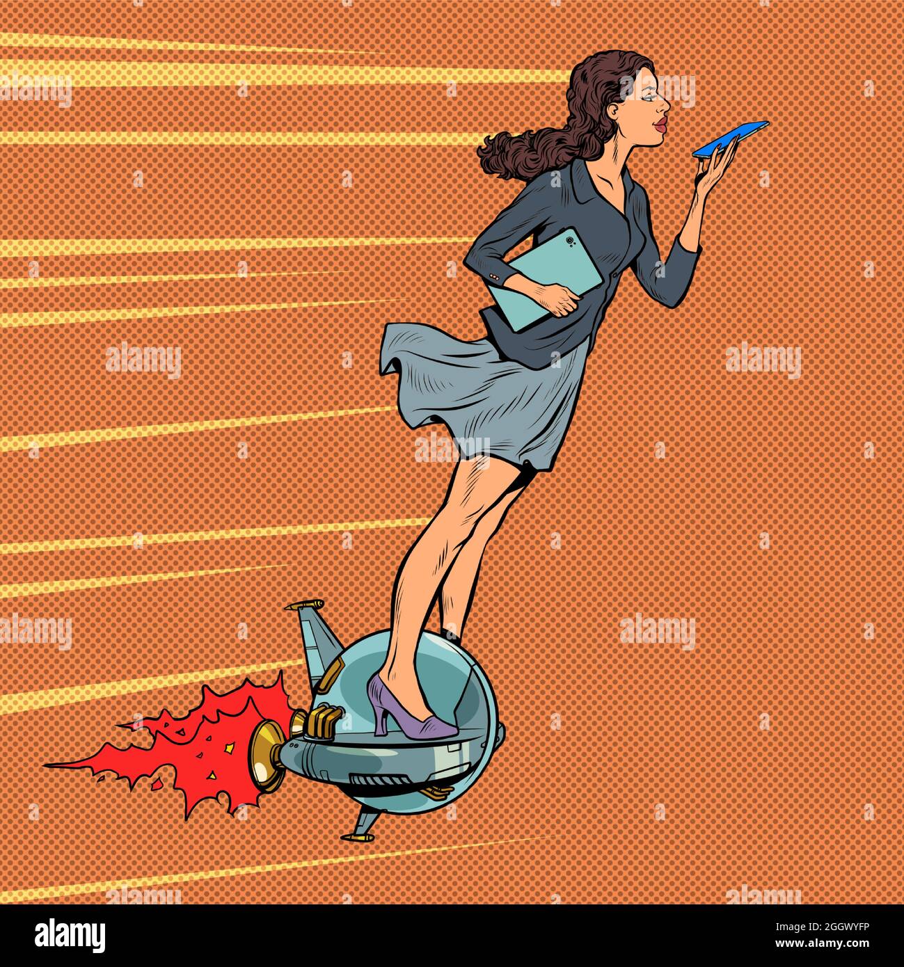 Une femme d'affaires futuriste conduit un monocycle à jet électrique, une femme communique sur un smartphone Illustration de Vecteur