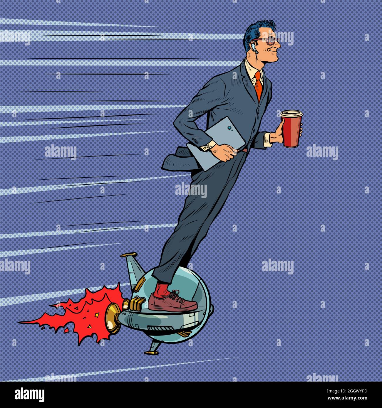 Un homme d'affaires futuriste conduit un monocycle électrique, un homme boit le café du matin Illustration de Vecteur