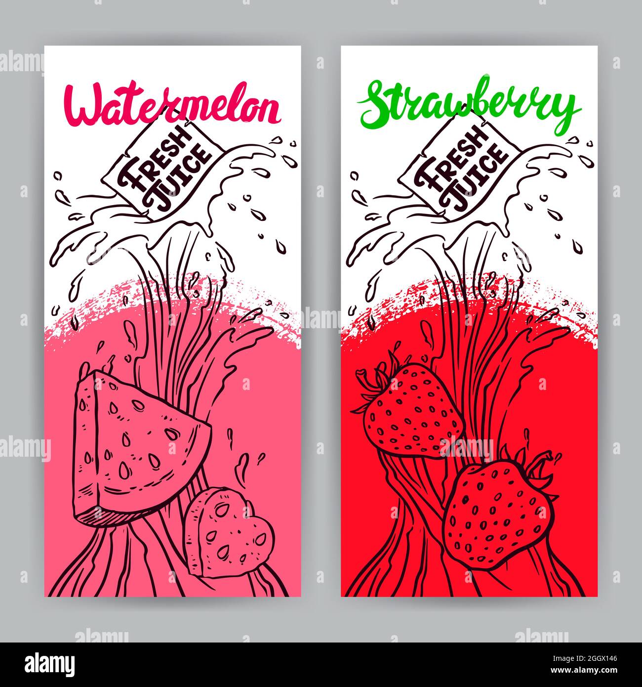 deux belles bannières. Jus frais. Croquis de pastèque et de fraises. Illustration dessinée à la main Illustration de Vecteur