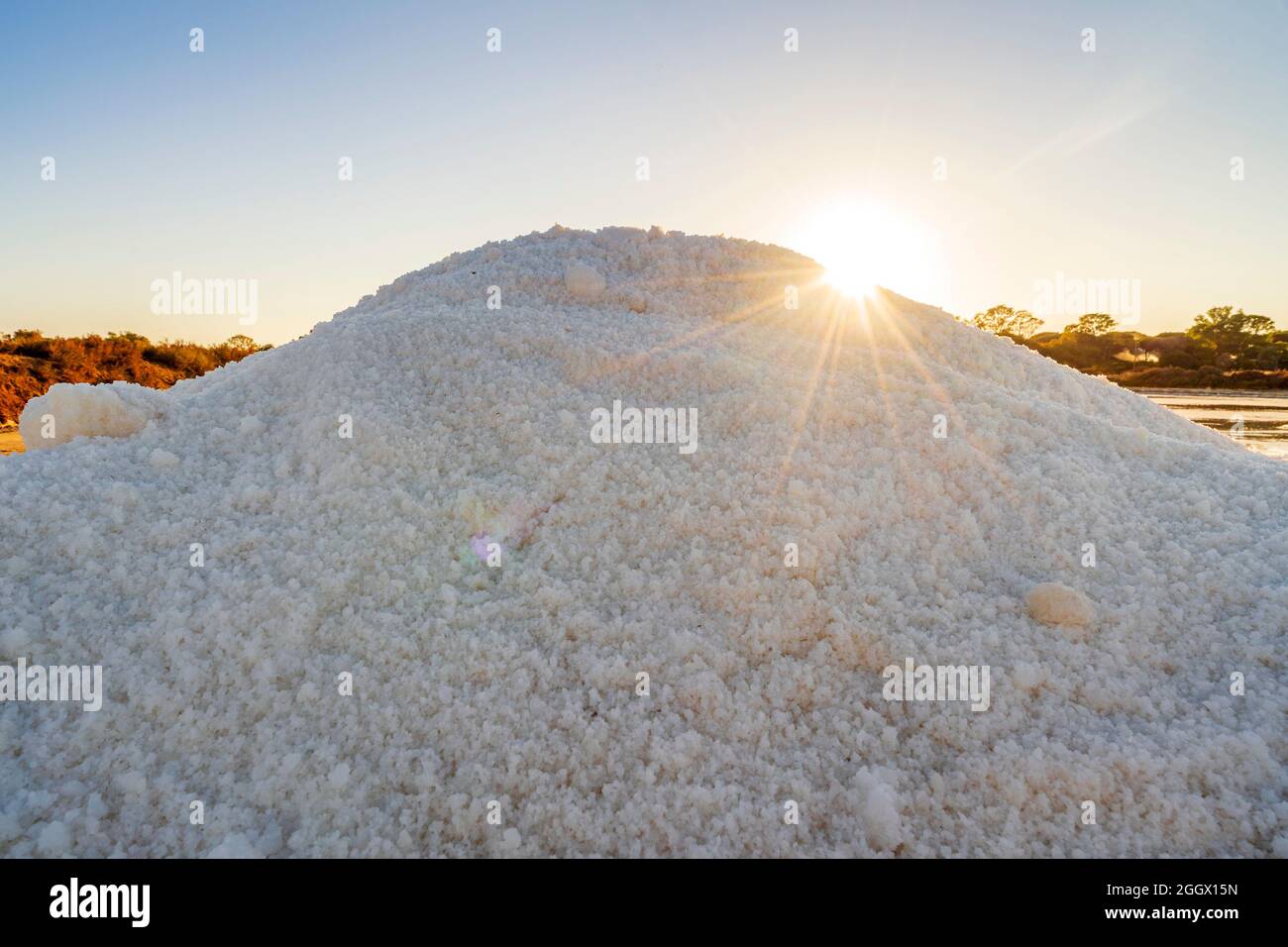 Un tas de cristaux de sel à côté d'un étang plein de sel après évaporation de l'eau de mer à salines à Faro, Algarve, Portugal Banque D'Images