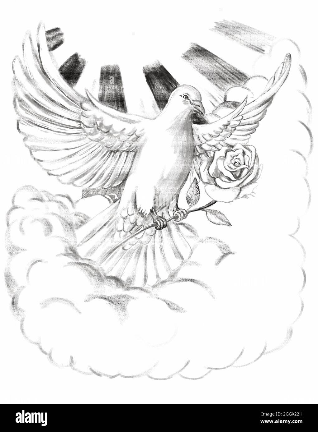 Dove Flying with Wings Spread and Clutching a Rose with Clouds and Sunburst Drawing Tattoo style Banque D'Images