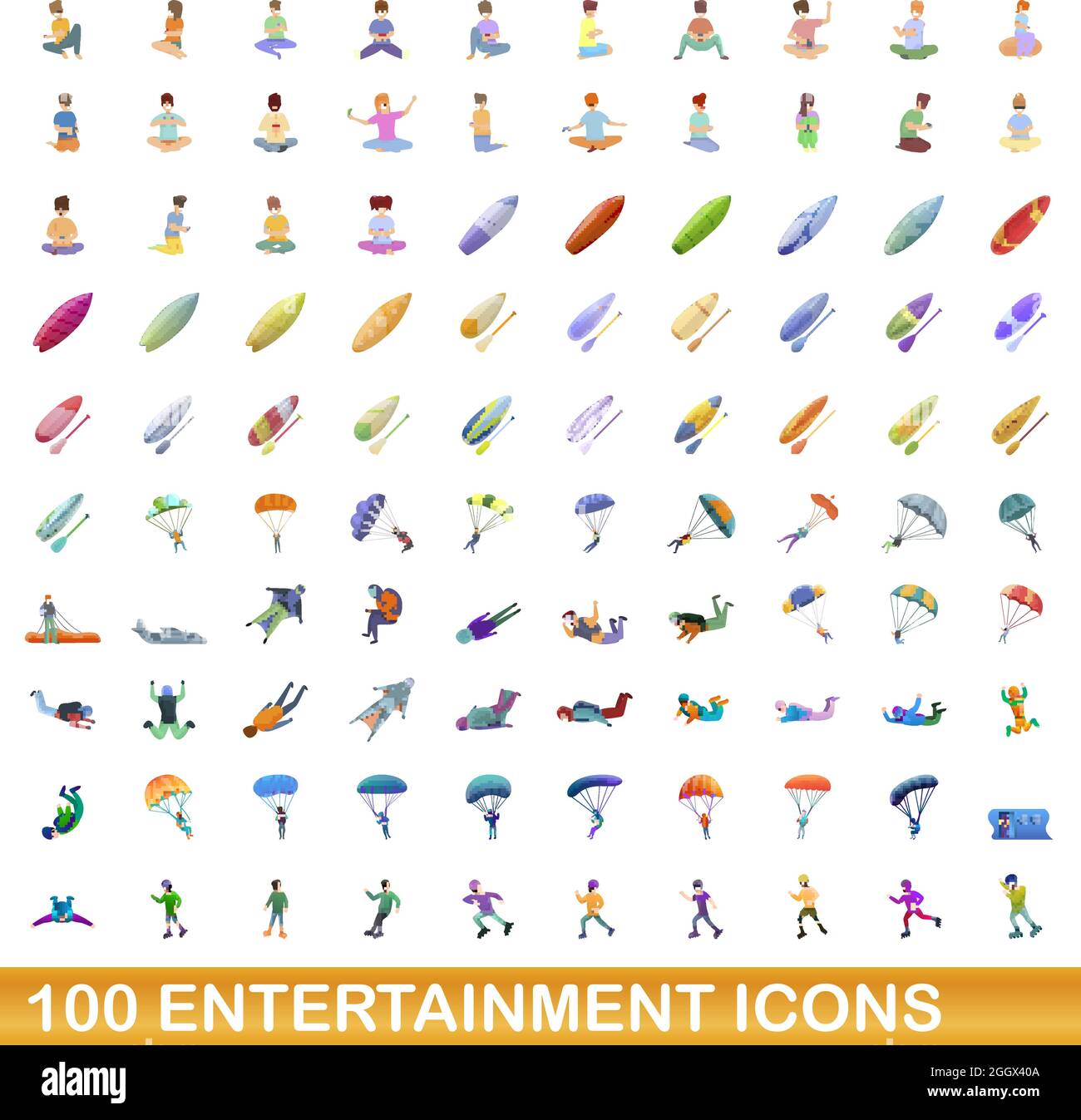 100 icônes de divertissement définies. Illustration de dessin animé de 100 icônes de divertissement vecteur isolé sur fond blanc Illustration de Vecteur