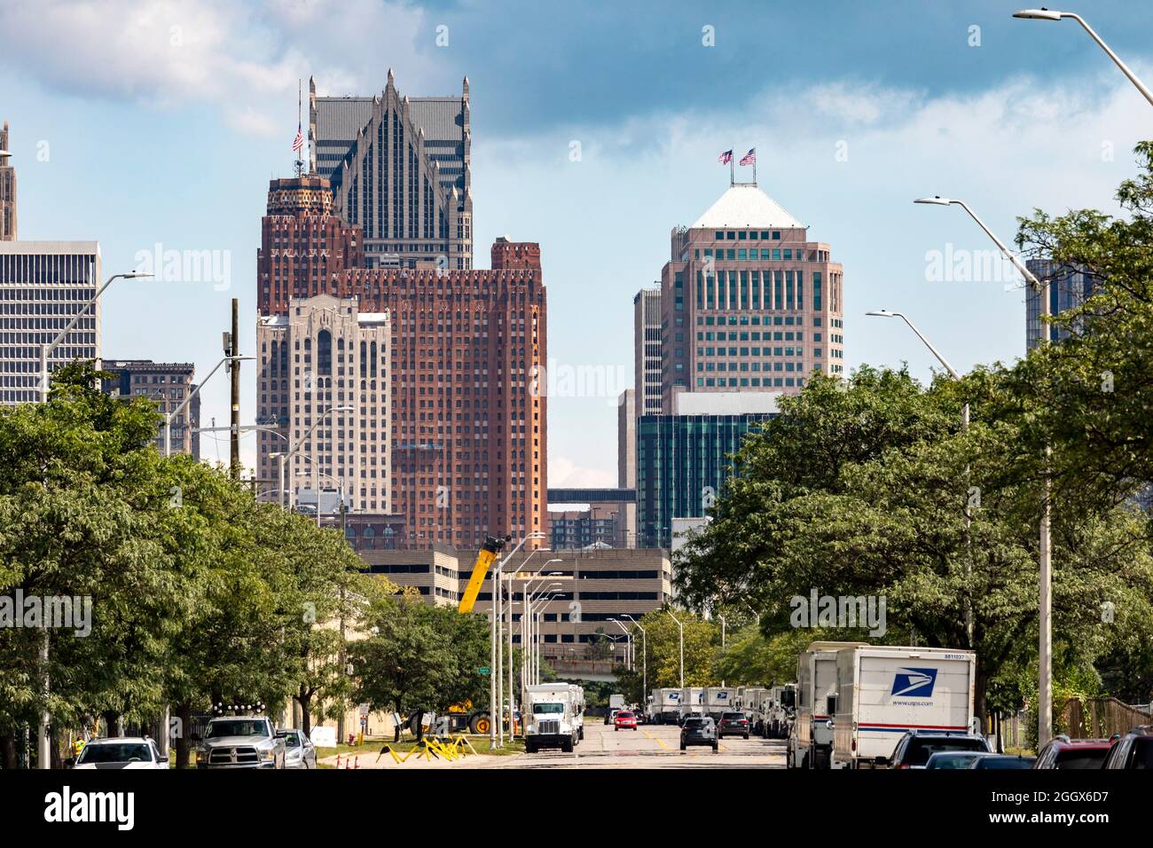 Detroit, Michigan - Centre-ville de Detroit, vu du côté ouest. Banque D'Images