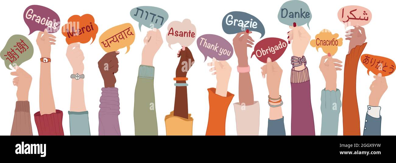 Bras et mains levés de personnes multiethniques de différentes nations tenant des bulles de discours avec le texte -merci- dans diverses langues internationales. Illustration de Vecteur