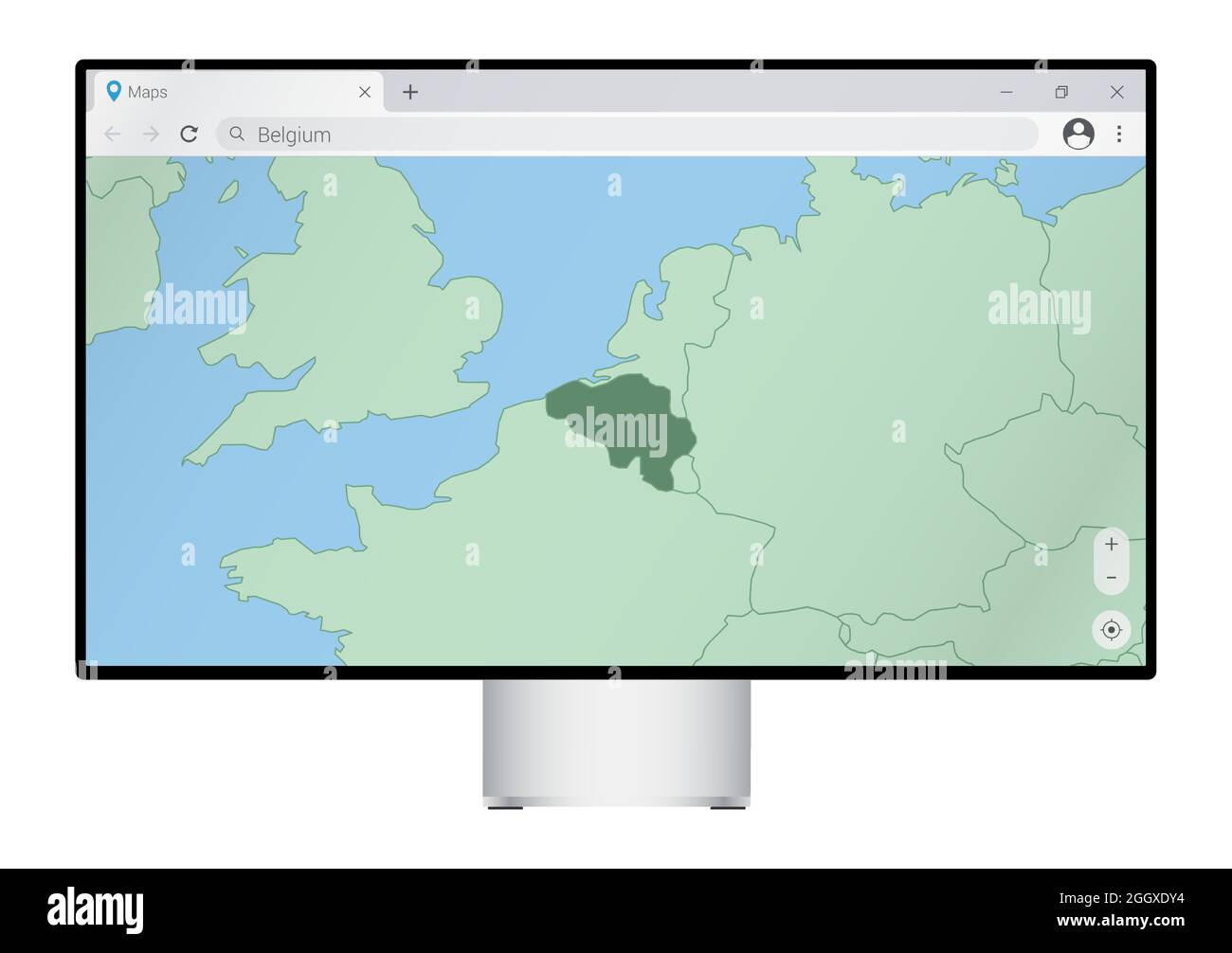 Moniteur d'ordinateur avec carte de la Belgique dans votre navigateur, recherchez le pays de la Belgique sur le programme de cartographie web. Modèle vectoriel. Illustration de Vecteur