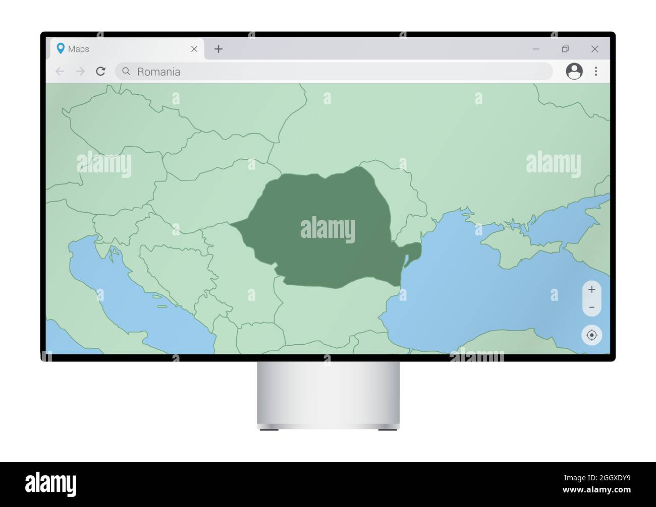 Moniteur d'ordinateur avec carte de la Roumanie dans le navigateur, recherchez le pays de la Roumanie sur le programme de cartographie web. Modèle vectoriel. Illustration de Vecteur