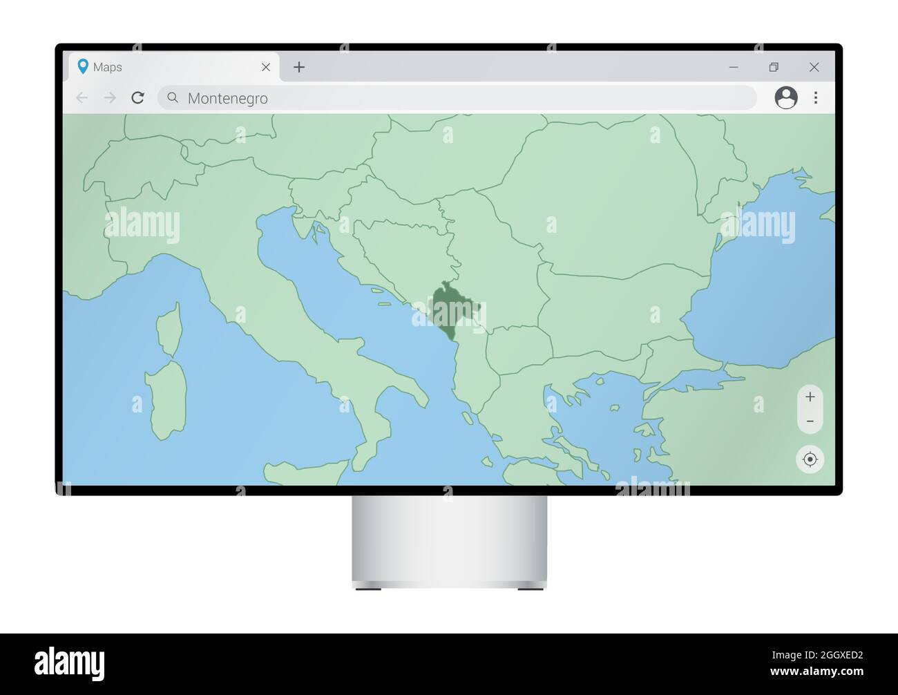 Moniteur d'ordinateur avec carte du Monténégro dans le navigateur, recherchez le pays du Monténégro sur le programme de cartographie web. Modèle vectoriel. Illustration de Vecteur