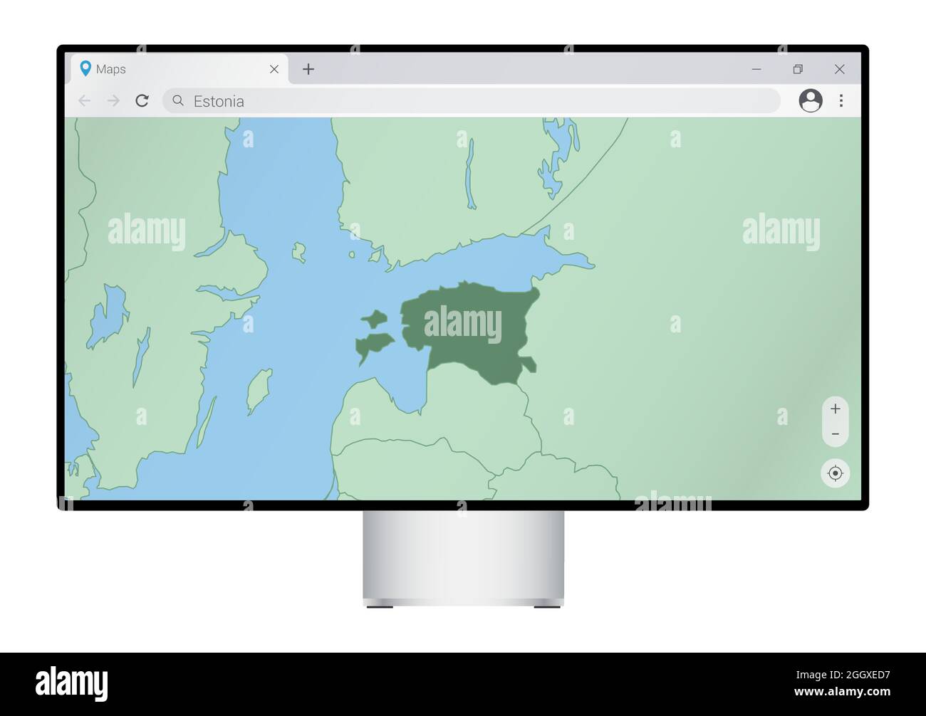 Moniteur d'ordinateur avec carte de l'Estonie dans le navigateur, recherchez le pays de l'Estonie sur le programme de cartographie web. Modèle vectoriel. Illustration de Vecteur