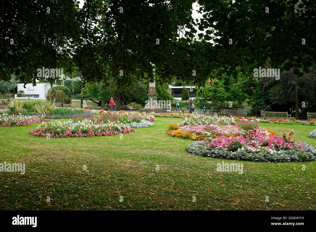 Plantation de fleurs dans le jardin public en été. Arrangements de fleurs colorées dans les lits en Angleterre. Banque D'Images