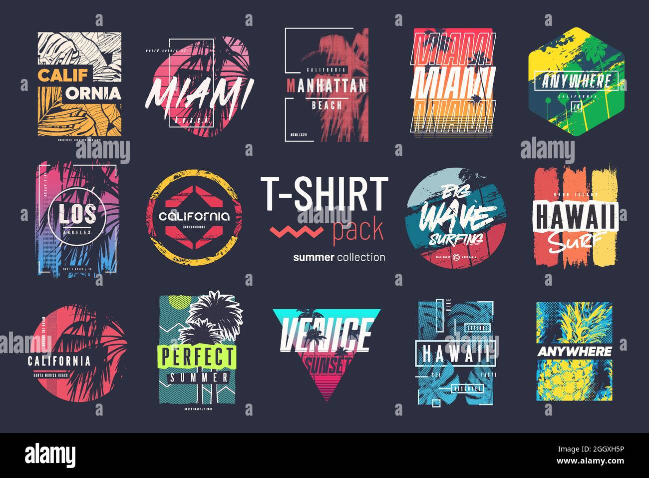 Collection de quatorze t-shirts vectoriels colorés pour l'été, dessins, illustrations Illustration de Vecteur