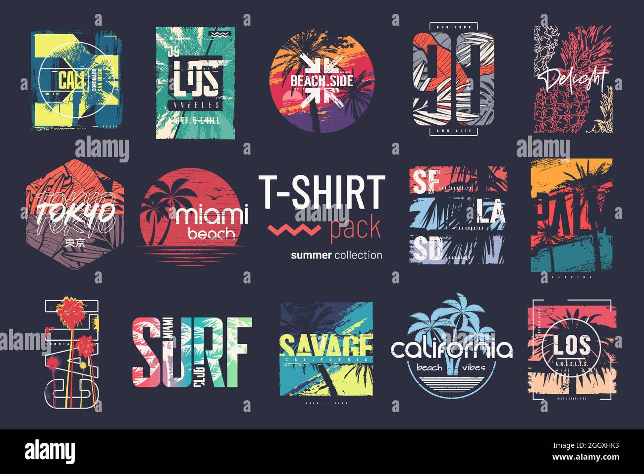 Collection de quatorze t-shirts vectoriels colorés pour l'été, dessins, illustrations Illustration de Vecteur