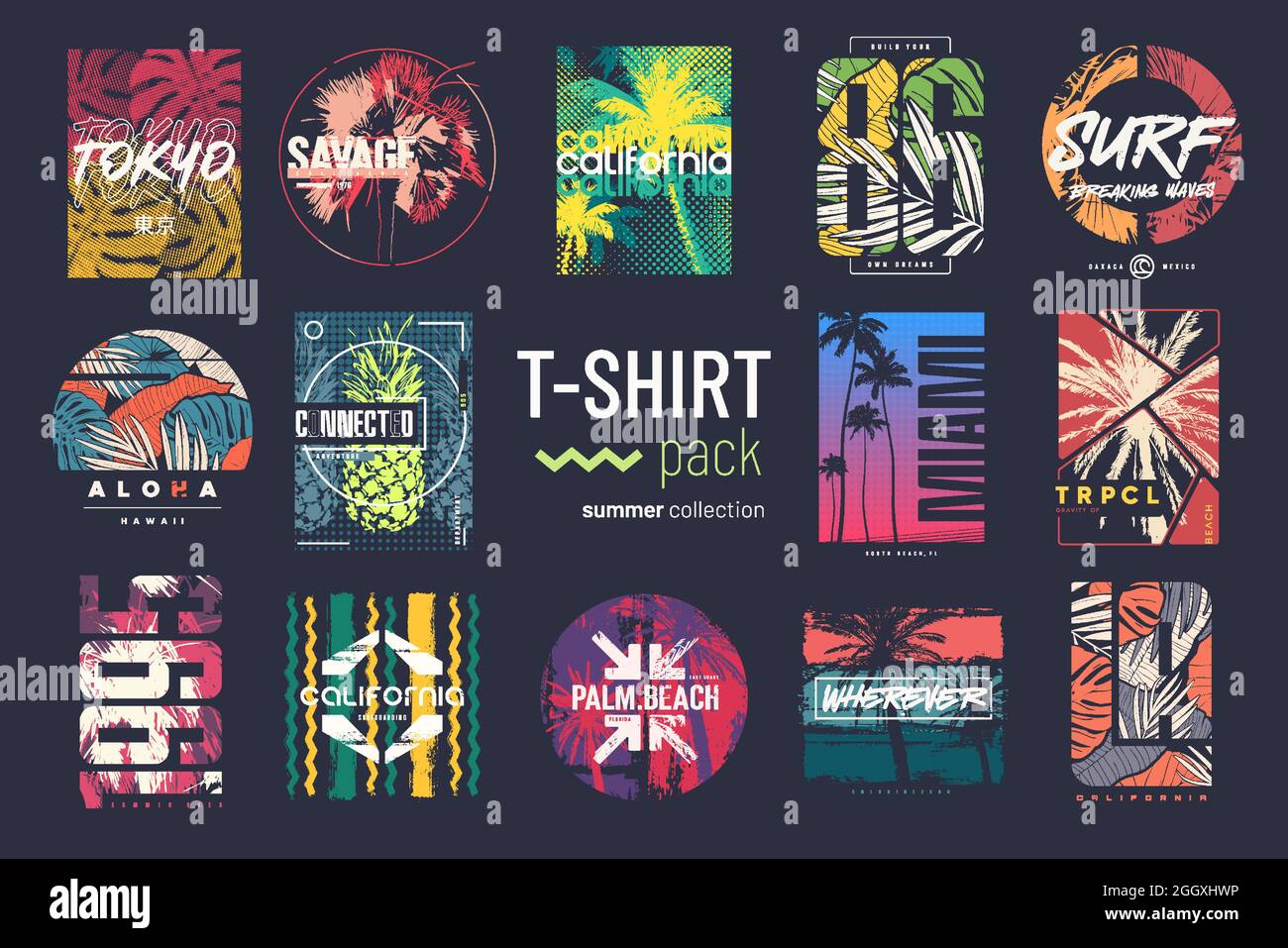 Collection de quatorze t-shirts vectoriels colorés pour l'été, dessins, illustrations Illustration de Vecteur