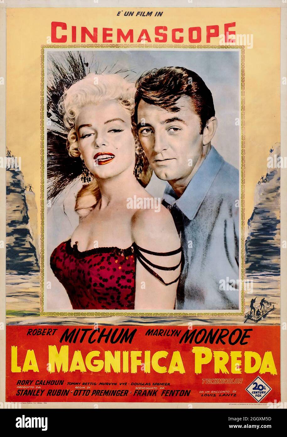 1954 film poster avec Robert Mitchum et Marilyn Monroe dans LA MAGNIFICA PREDA RIVER OF NO RETURN / LA MAGNIFICA PREDA (1954) POSTER, CINEMASCOPE ITALIEN Banque D'Images