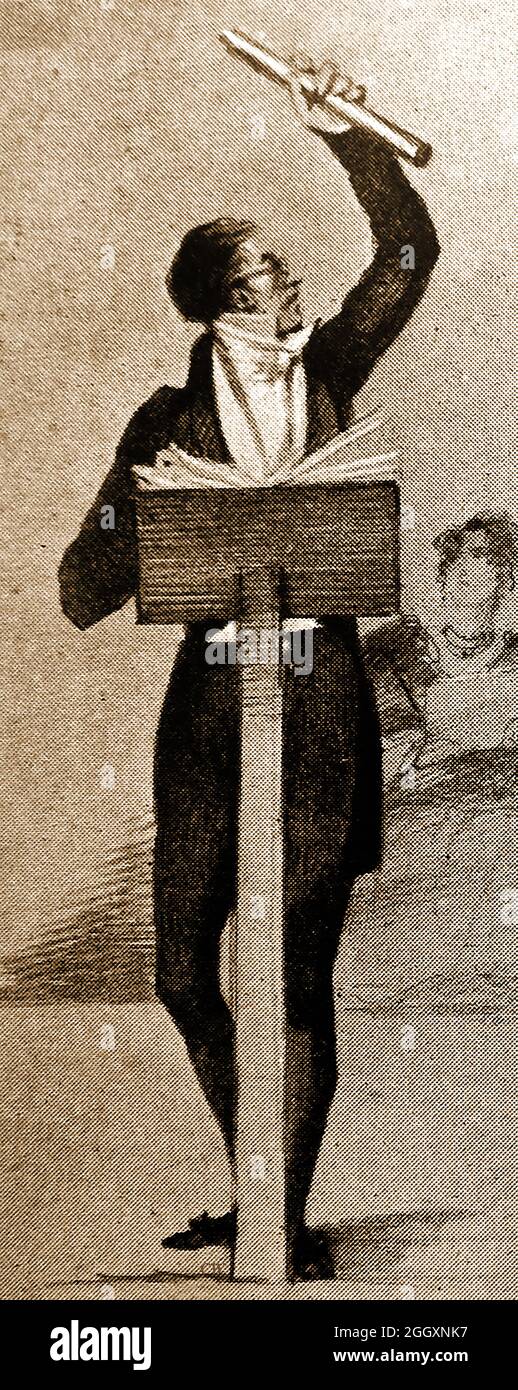 A 1939 un portrait d'esquisse rare et inhabituel de Carl Maria Friedrich Ernst von Weber (1786 - 1826), crédité d'être le 1er chef d'orchestre professionnel à utiliser un bâton. Il est également connu sous le nom de Carl Maria von Weber, Carl von Weber et Carl Weber. Il était un compositeur allemand, chef d'orchestre, pianiste virtuose, guitariste et critique de musique et l'un des premiers compositeurs importants qui était le plus connu pour ses opéras, en particulier l'Opéra Romantische allemand (opéras romantiques). Les premiers chefs d'orchestre avaient été connus pour utiliser des arcs de violon, des bâtons, leurs mains ou des morceaux de papier roulés pour indiquer le rythme de la pièce jouée Banque D'Images