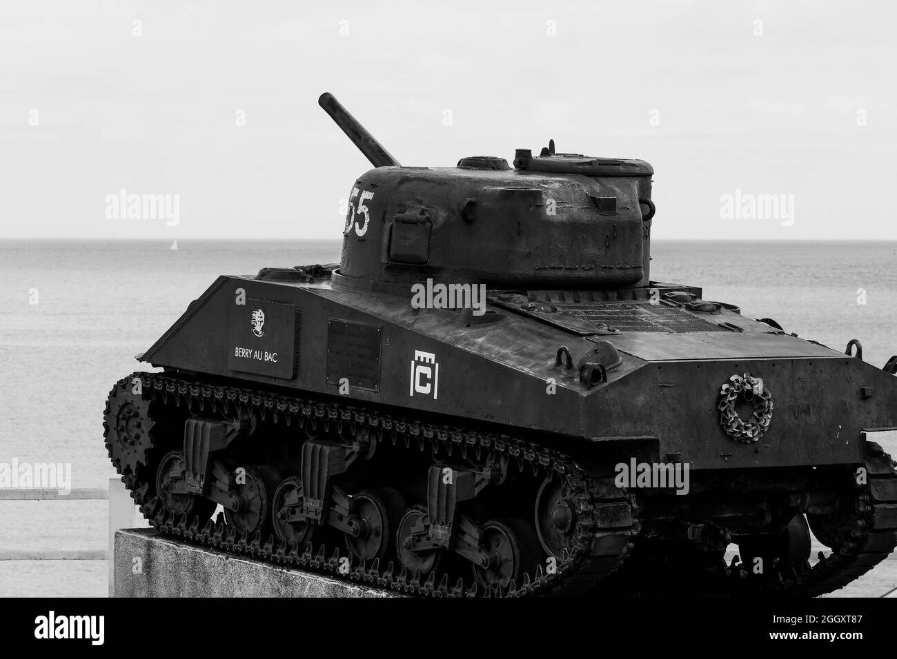 'Berry-au-bac', réservoir Sherman du 2ème DB français, Arromanche, Calvados, région normande, Nord-Ouest de la France Banque D'Images