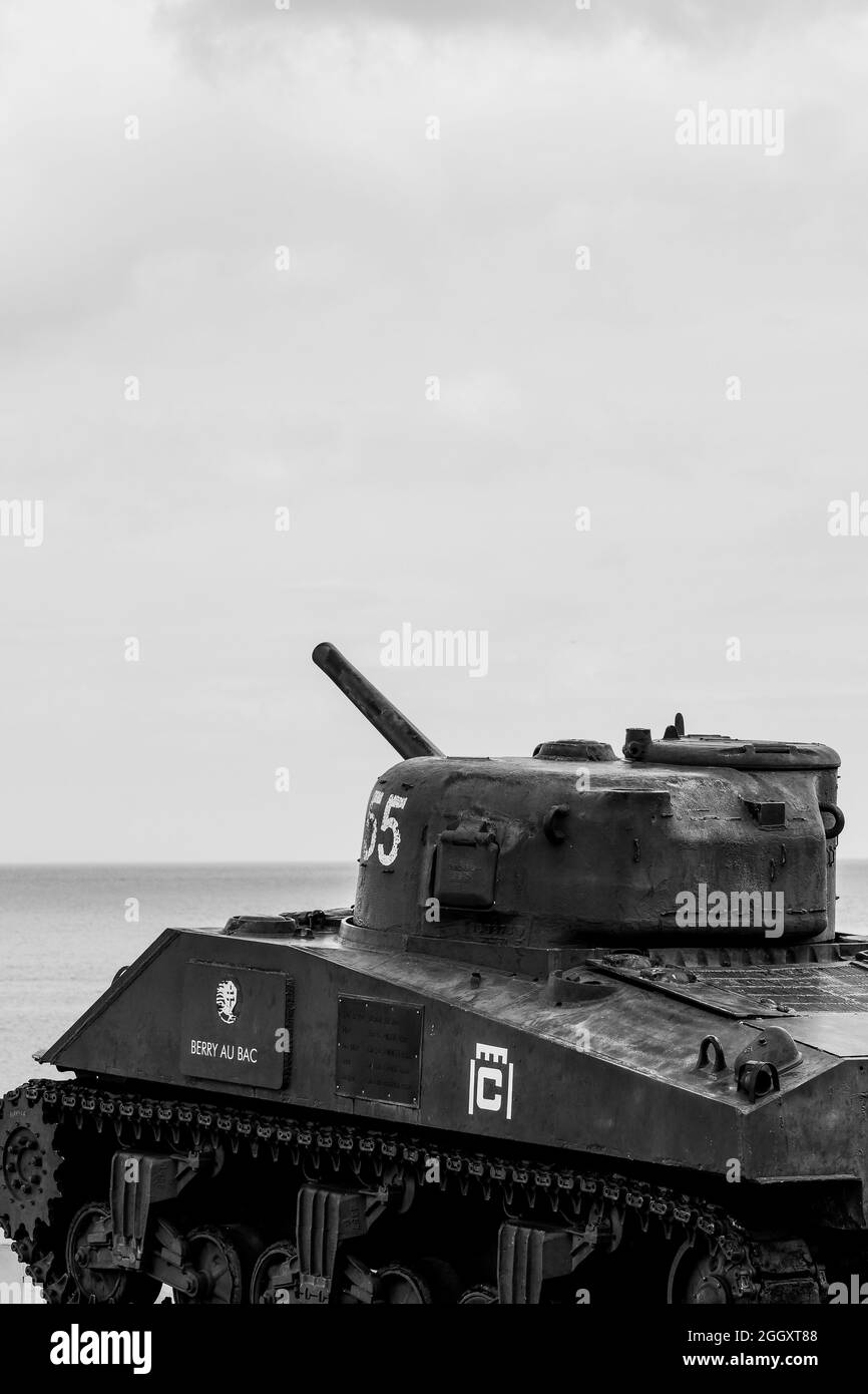'Berry-au-bac', réservoir Sherman du 2ème DB français, Arromanche, Calvados, région normande, Nord-Ouest de la France Banque D'Images