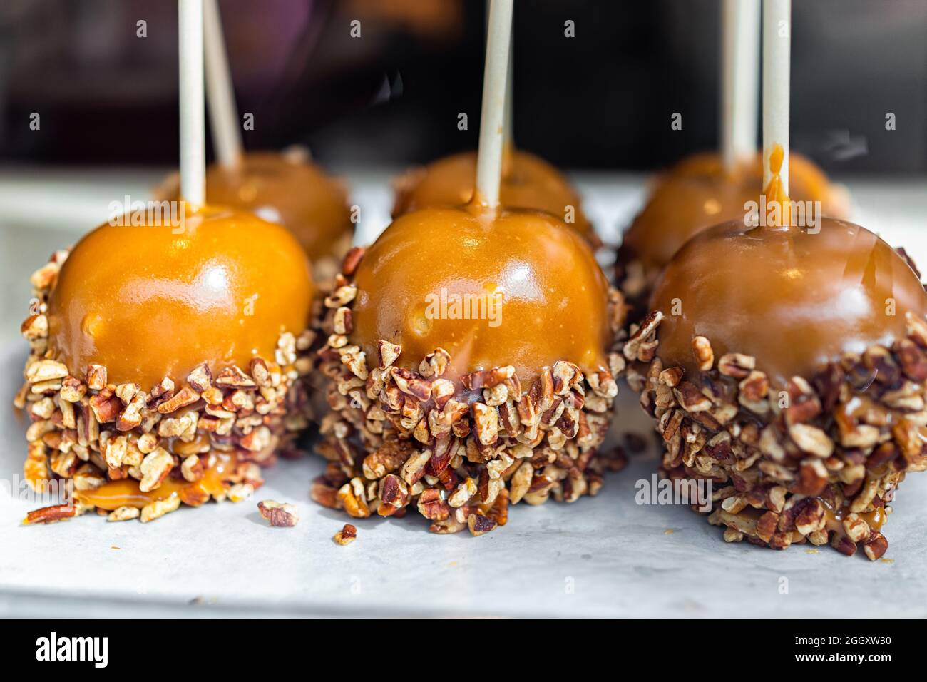 Pommes caramélisées au caramel avec noix de pécan sur bâtonnets dessert alimentaire sucrée et confit exposé dans un magasin de bonbons café à Key West, en Floride Banque D'Images