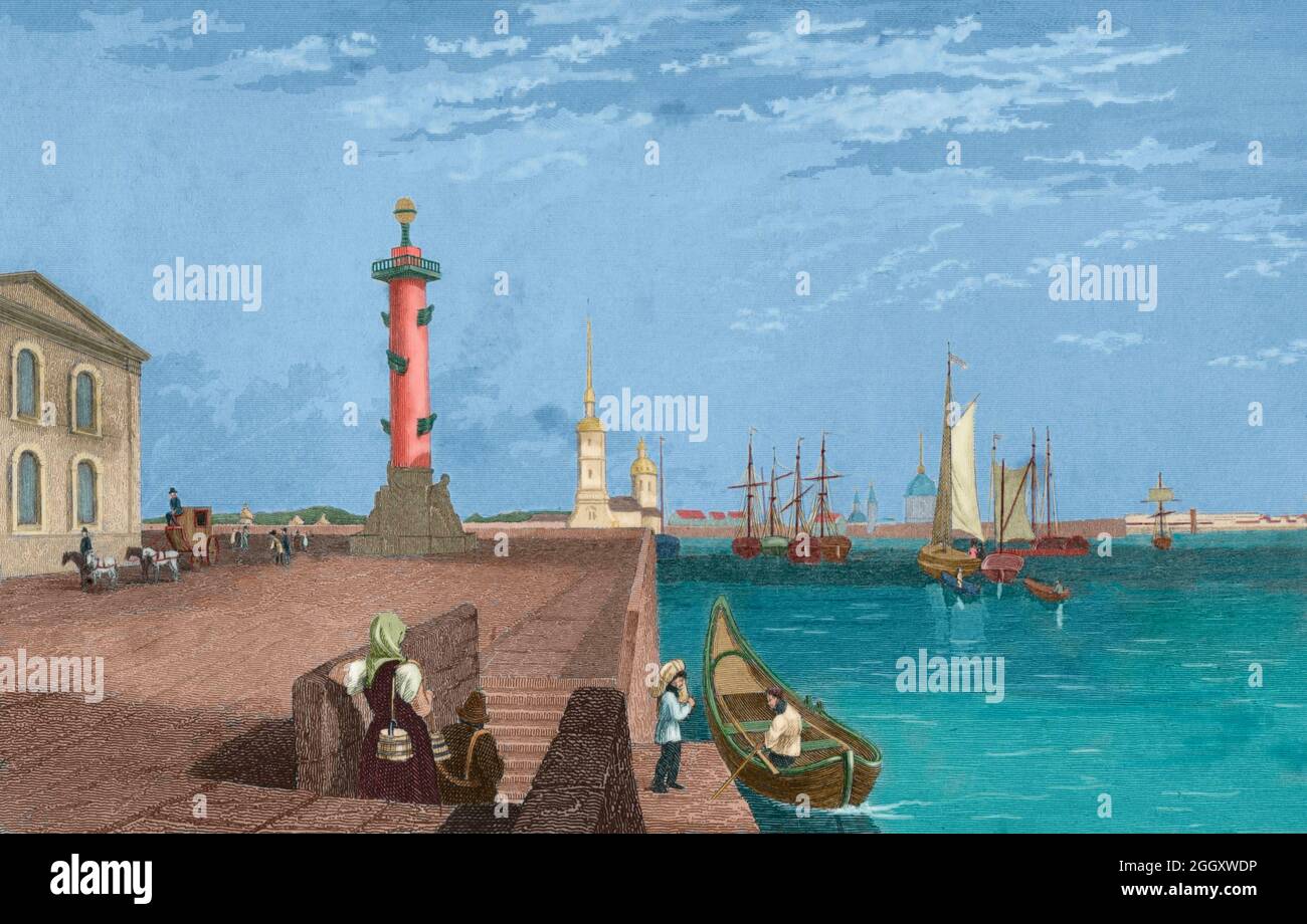 Russie, Saint-Pétersbourg. Colonne rostrale à côté de la rivière Neva. En arrière-plan la cathédrale et la forteresse des Saints Pierre et Paul. Gravure par Lemaitre et Cholet. Histoire de la Russie par Jean Marie Chopin (1796-1870). Panorama Universal, édition espagnole, 1839. Coloration ultérieure. Auteur: Printmaker français. Augustin François Lemaitre (1797-1870). Graveur et lithographe français. Samuel Cholet (1786-1874). Banque D'Images Russie, Saint-Pétersbourg. Colonne rostrale à côté de la rivière Neva. En arrière-plan la cathédrale et la forteresse des Saints Pierre et Paul. Gravure par Lemaitre et Cholet. Histoire de la Russie par Jean Marie Chopin (1796-1870). Panorama Universal, édition espagnole, 1839. Coloration ultérieure. Auteur: Printmaker français. Augustin François Lemaitre (1797-1870). Graveur et lithographe français. Samuel Cholet (1786-1874). Banque D'Images