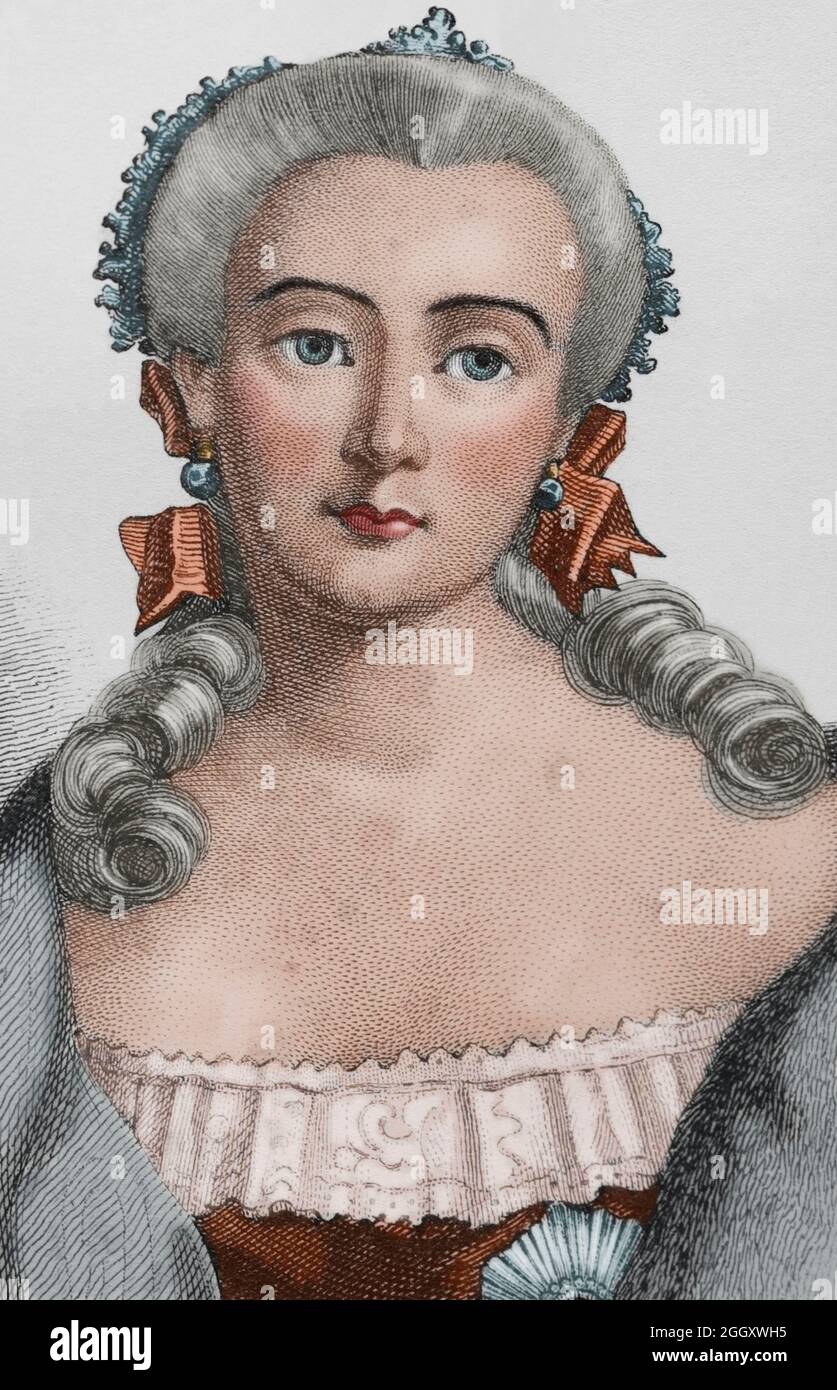 Elizabeth de Russie (1709-1762). Impératrice de Russie (1741-1762). Fille de Pierre le Grand. Portrait, détail. Gravure par Lemaitre, Vernier et Manceau. Histoire de la Russie par Jean Marie Chopin (1796-1870). Panorama Universal, édition espagnole, 1839. Coloration ultérieure. Auteur: Augustin François Lemaitre (1797-1870). Graveur et lithographe français. Emile Louis Vernier (1829-1887). Peintre français et li. Banque D'Images