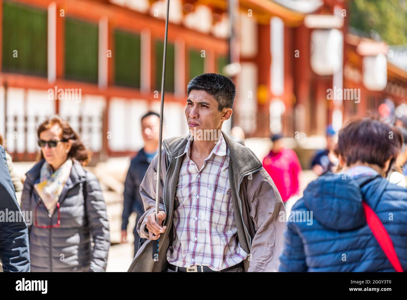 Nara, Japon - 14 avril 2019 : visite touristique des gens groupe candid marchant près du temple de Todaiji en ville avec le guide tenant le panneau Banque D'Images