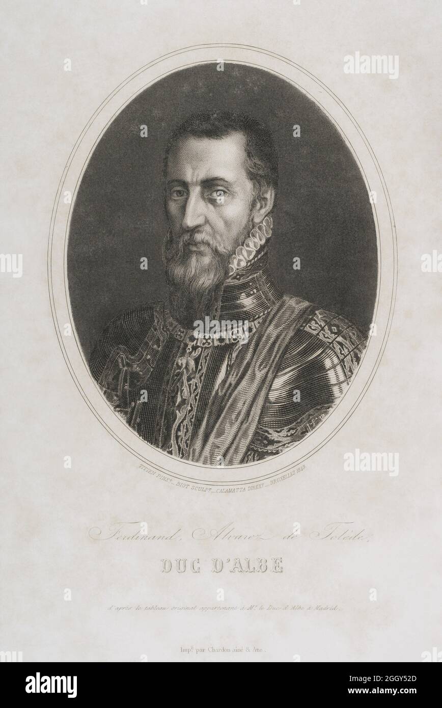 Fernando Alvarez de Toledo y Pimentel (1507-1582). Armée espagnole. 3e duc d'Alba. Gouverneur de Milan, vice-roi de Naples, gouverneur des pays-Bas et premier vice-roi du Portugal et de l'Algarve. Portrait. Gravure par Calamatta. Correspondance de Philippe II sur les affaires des pays-Bas. Publié à Bruxelles, 1851. Bibliothèque militaire historique de Barcelone, Catalogne, Espagne. Auteur: Luigi Calamatta (1801-1869). Artiste italien. Banque D'Images