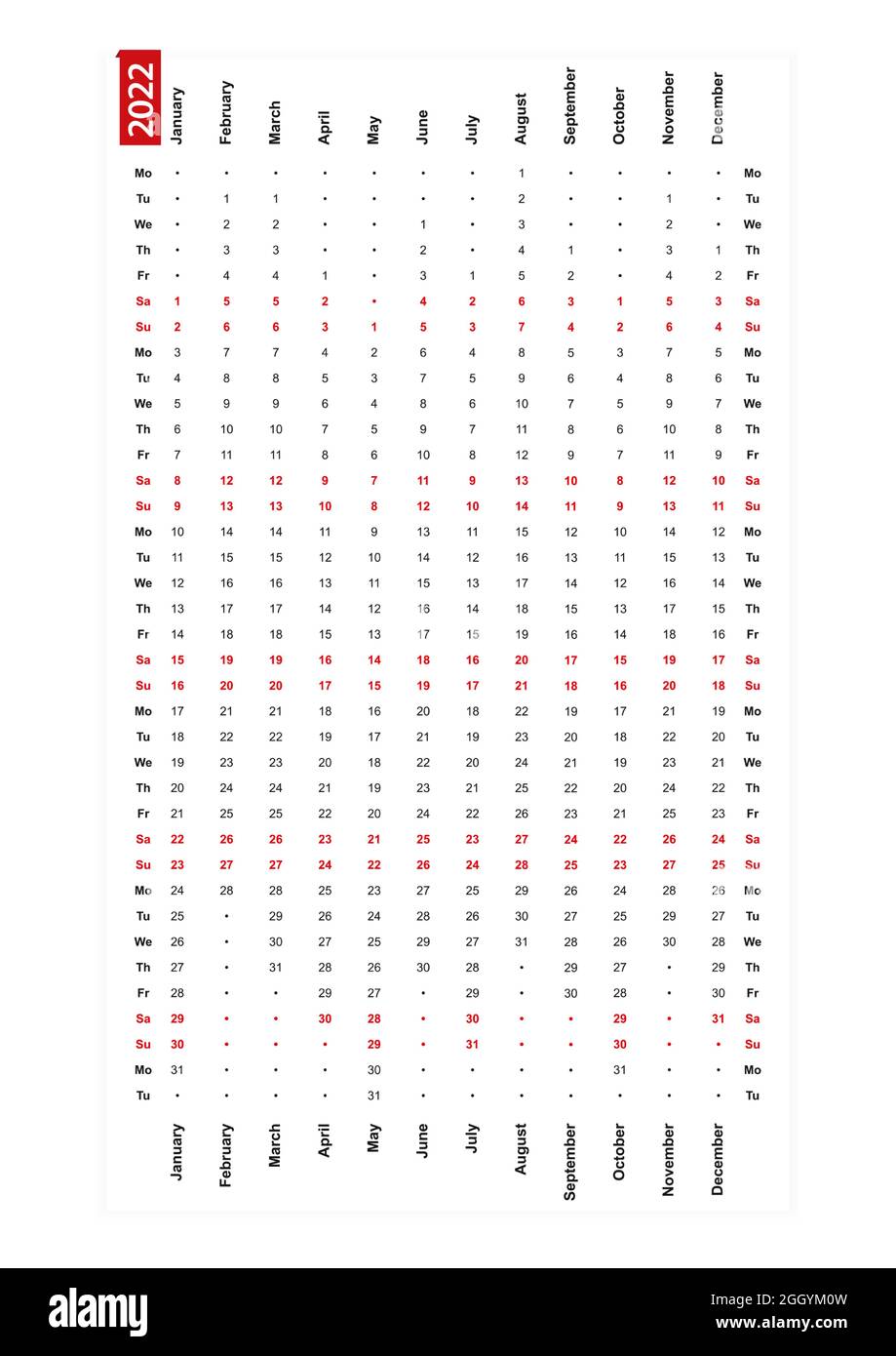 Une ligne calendrier vertical 2022, lundi premier jour de la semaine. Illustration vectorielle. Illustration de Vecteur