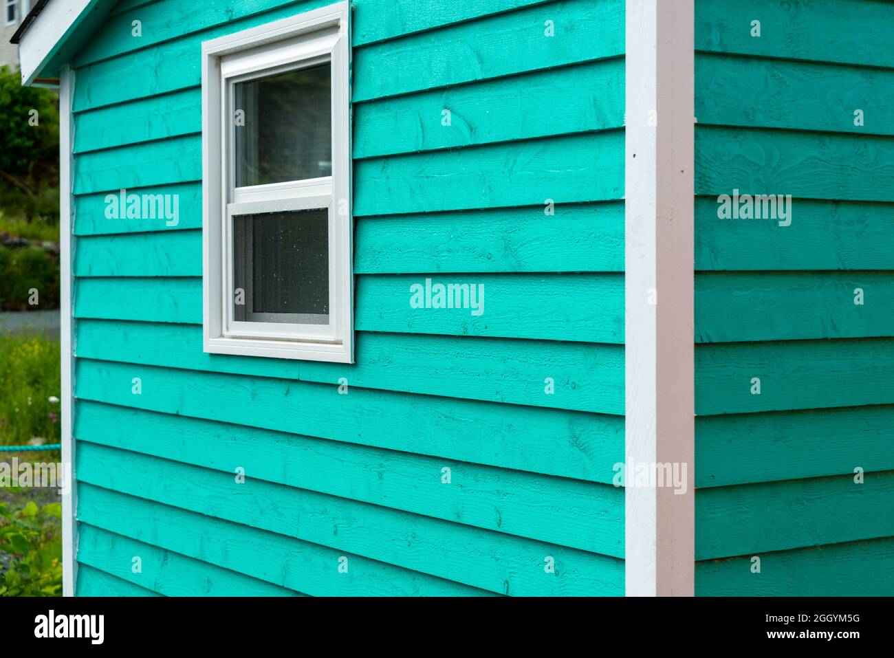 L'extérieur d'un mur de panneaux de bois horizontal étroit vert vif d'une maison. La garniture du bâtiment est blanche. Banque D'Images