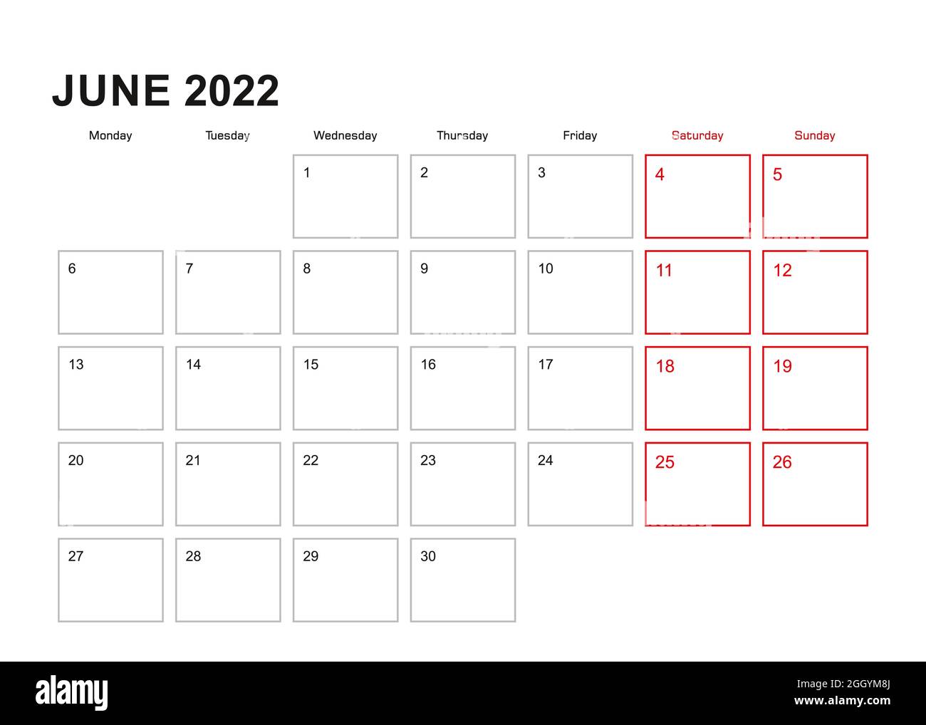 Planificateur mural pour juin 2022 en langue anglaise, la semaine commence lundi. Calendrier vectoriel 2022. Illustration de Vecteur