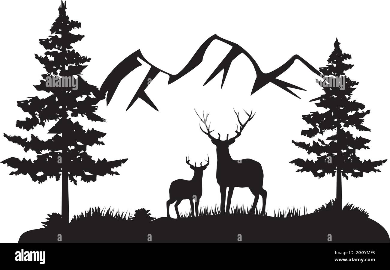 illustration vectorielle d'une famille de cerfs dans les bois avec des montagnes à l'arrière-plan. Illustration de Vecteur illustration vectorielle d'une famille de cerfs dans les bois avec des montagnes à l'arrière-plan. Illustration de Vecteur