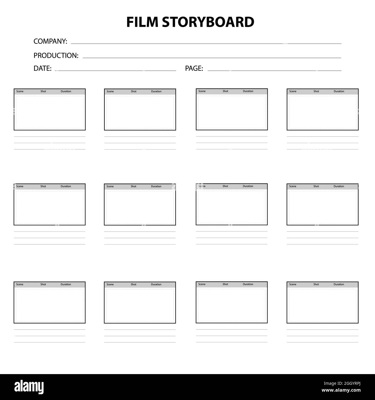 Scénario de film professionnel sur fond blanc. Scénario de production multimédia. Affiche de modèle de storyboard de film. style plat. Banque D'Images