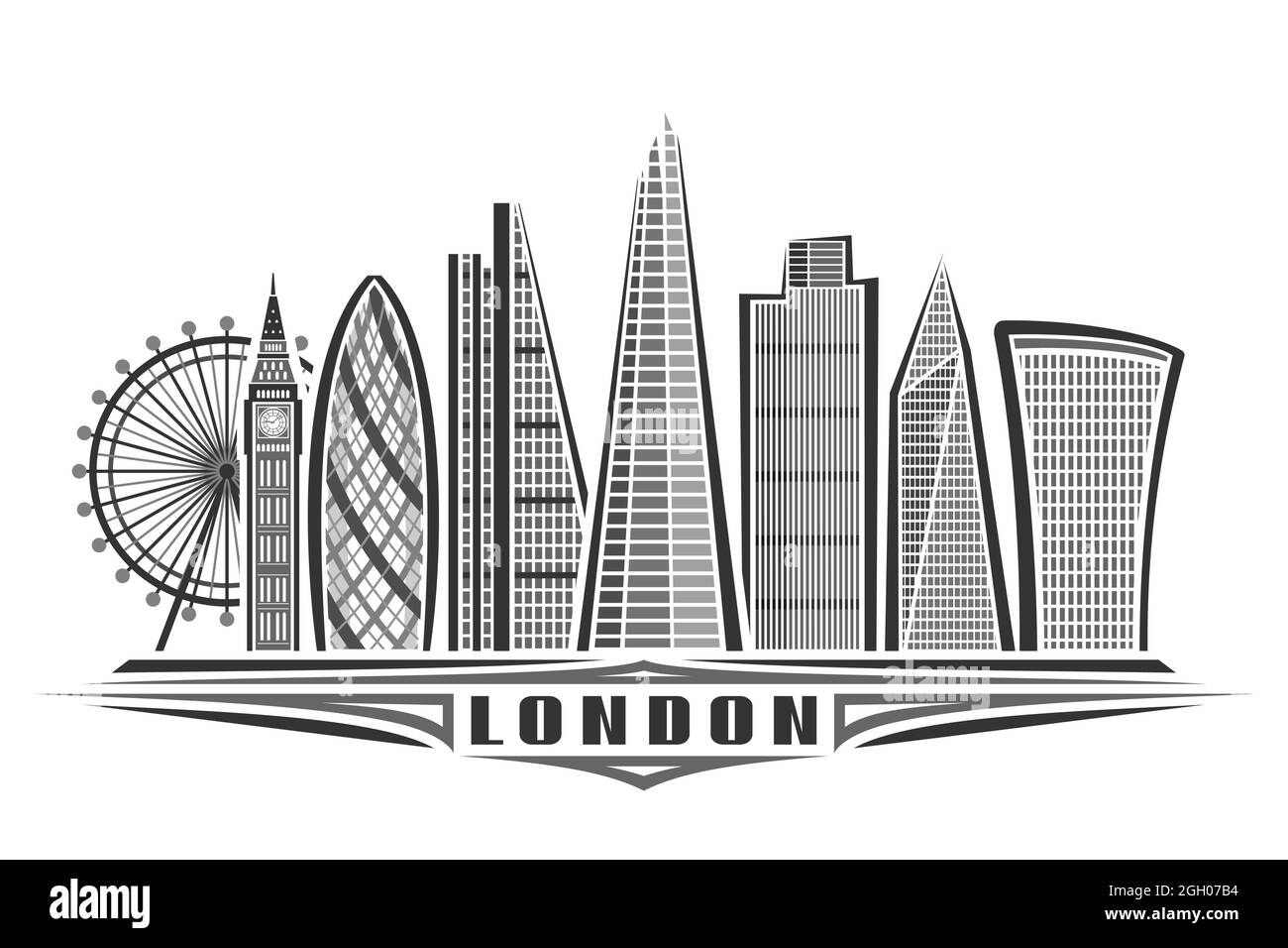 Illustration vectorielle de Londres, affiche horizontale monochrome avec conception linéaire célèbre paysage de ville de londres, concept d'art urbain avec décoration unique Illustration de Vecteur