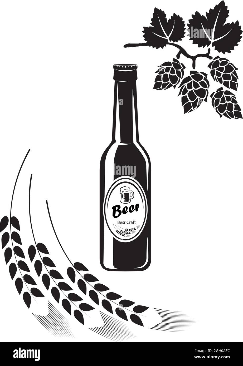 Bouteille de bière logo Barrel Pub Bar Tavern Brewery Barley Brewing Alcolic Food Ribbon étiquette noir et blanc. Illustration de Vecteur