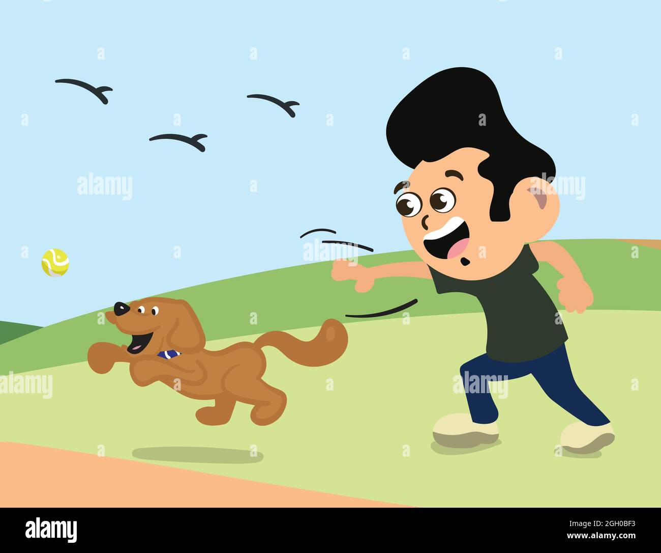 Homme jouant à FETCH avec chien d'animal de compagnie. Joli chien plaqué avec boule. Chien propriétaire chien marchant dans le parc. Illustration de Vecteur