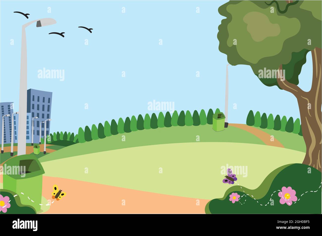 Parc public arrière-plan lors d'une journée d'été avec fleurs ciel ouvert papillons et arbres. Illustration de Vecteur